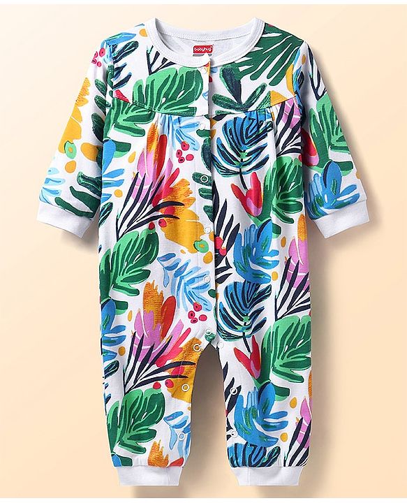 Babyhug 100% Cotton Knit Full Sleeves Romper with Leafy Print -  White