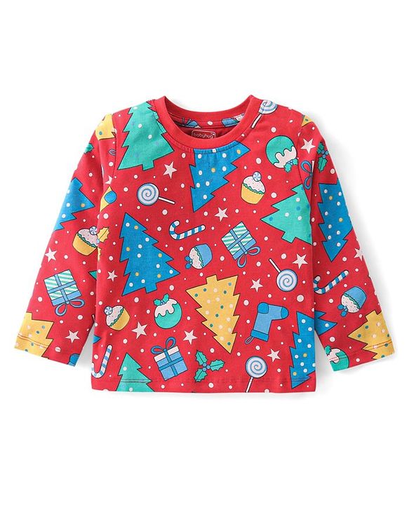 Babyhug Cotton Knit Full Sleeves Night Suit With Christmas Theme Print - Red