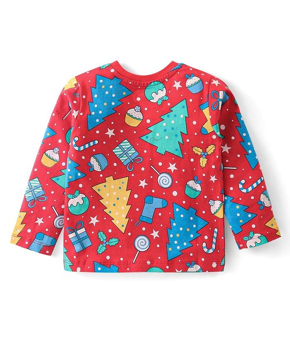 Babyhug Cotton Knit Full Sleeves Night Suit With Christmas Theme Print - Red
