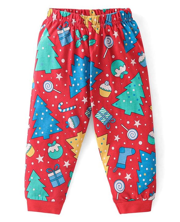 Babyhug Cotton Knit Full Sleeves Night Suit With Christmas Theme Print - Red