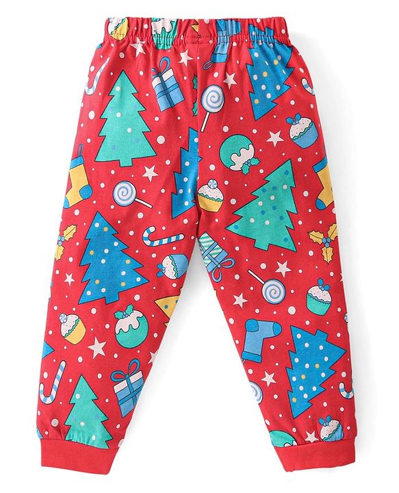 Babyhug Cotton Knit Full Sleeves Night Suit With Christmas Theme Print - Red