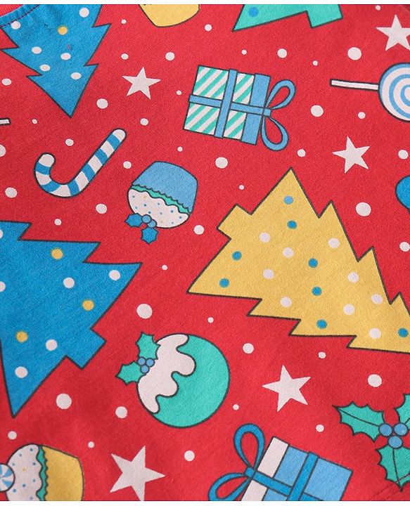 Babyhug Cotton Knit Full Sleeves Night Suit With Christmas Theme Print - Red