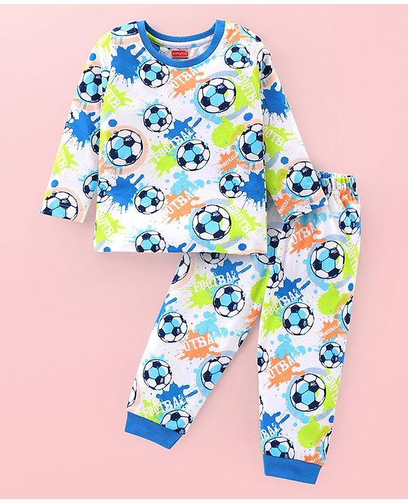 Babyhug Cotton Knit Full Sleeves Night Suit With Footballs Print - Off White