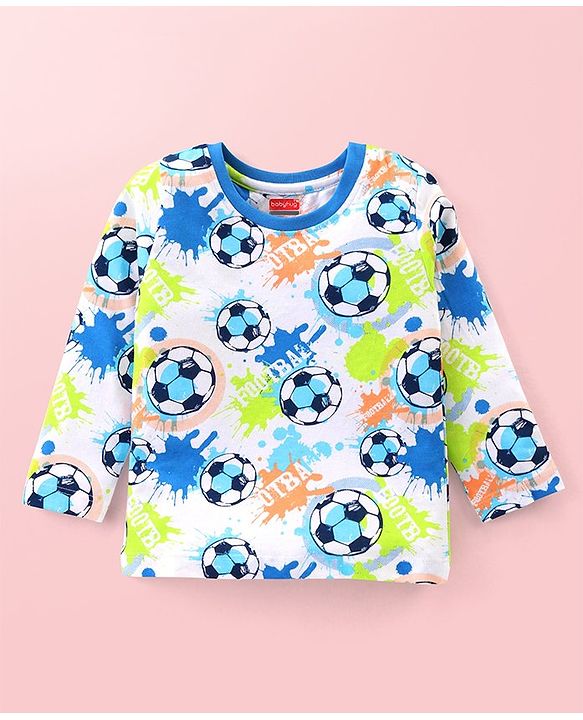 Babyhug Cotton Knit Full Sleeves Night Suit With Footballs Print - Off White