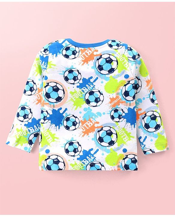 Babyhug Cotton Knit Full Sleeves Night Suit With Footballs Print - Off White
