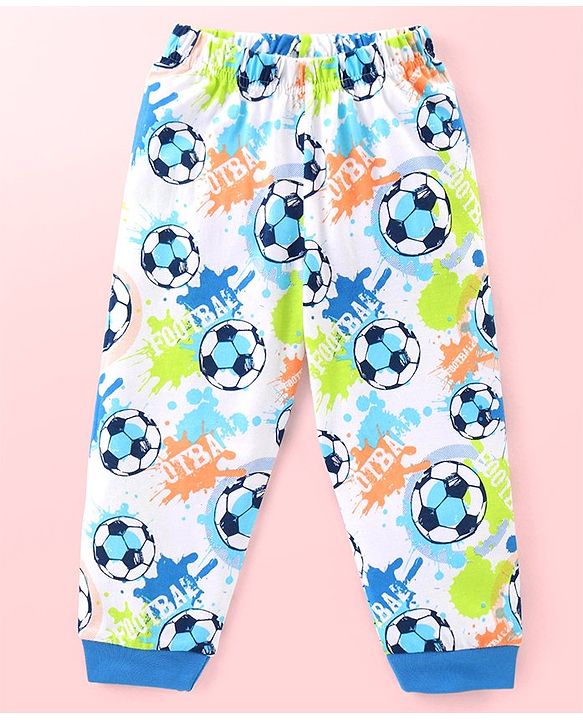 Babyhug Cotton Knit Full Sleeves Night Suit With Footballs Print - Off White