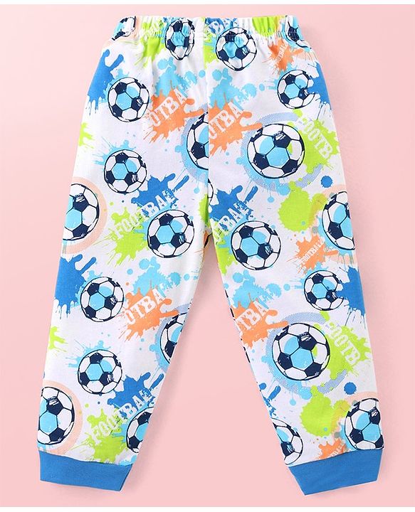 Babyhug Cotton Knit Full Sleeves Night Suit With Footballs Print - Off White