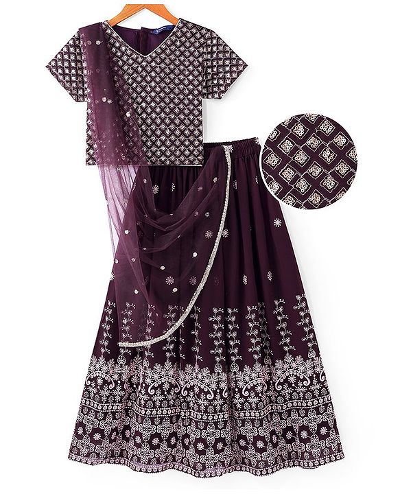 Pine Kids Woven Half Sleeves Sequin Embroidered Choli Lehenga Set with Dupatta - Wine