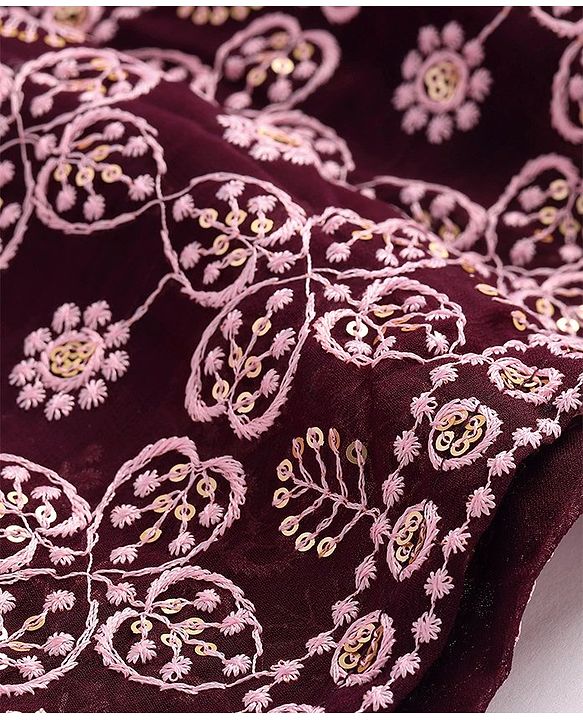 Pine Kids Woven Half Sleeves Sequin Embroidered Choli Lehenga Set with Dupatta - Wine