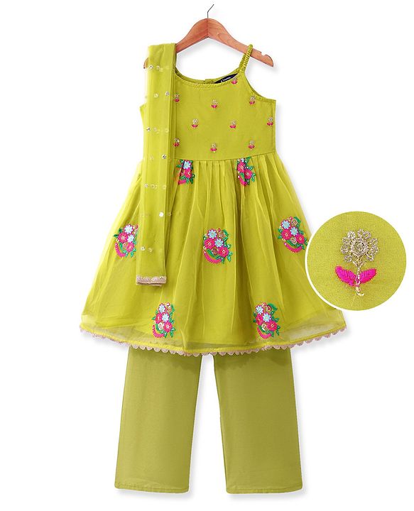 Pine Kids Woven Sleeveless Floral Embroidered  Kurti & Churidar Salwar Set with Dupatta - Lime green