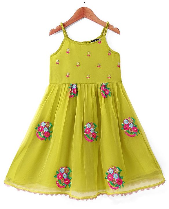 Pine Kids Woven Sleeveless Floral Embroidered  Kurti & Churidar Salwar Set with Dupatta - Lime green