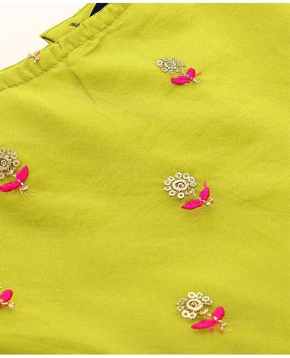 Pine Kids Woven Sleeveless Floral Embroidered  Kurti & Churidar Salwar Set with Dupatta - Lime green