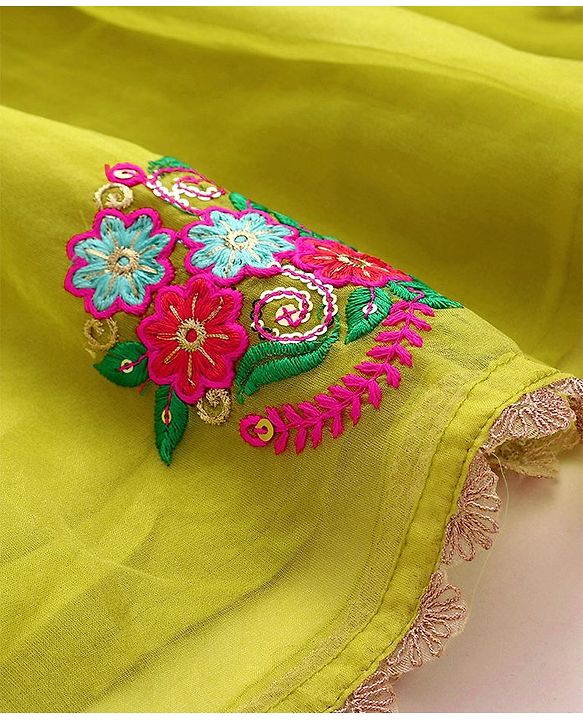 Pine Kids Woven Sleeveless Floral Embroidered  Kurti & Churidar Salwar Set with Dupatta - Lime green