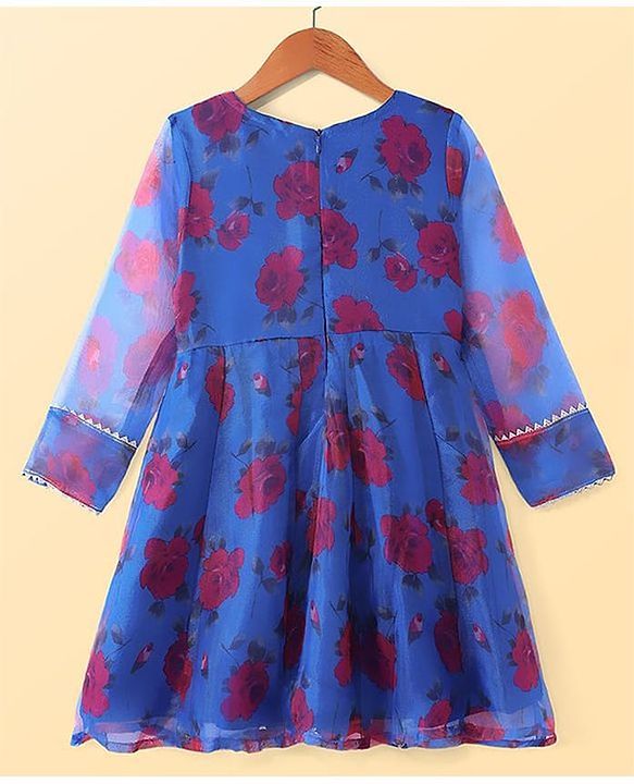 Pine Kids Woven Full Sleeves Floral Printed Kurta Palazzo Set with Dupatta & Lace Detailing - Royal Blue