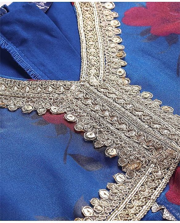 Pine Kids Woven Full Sleeves Floral Printed Kurta Palazzo Set with Dupatta & Lace Detailing - Royal Blue