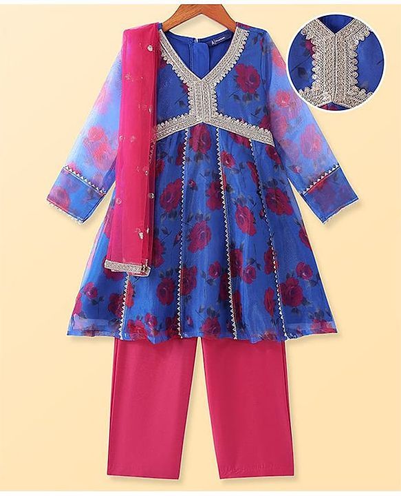 Pine Kids Woven Full Sleeves Floral Printed Kurta Palazzo Set with Dupatta & Lace Detailing - Royal Blue