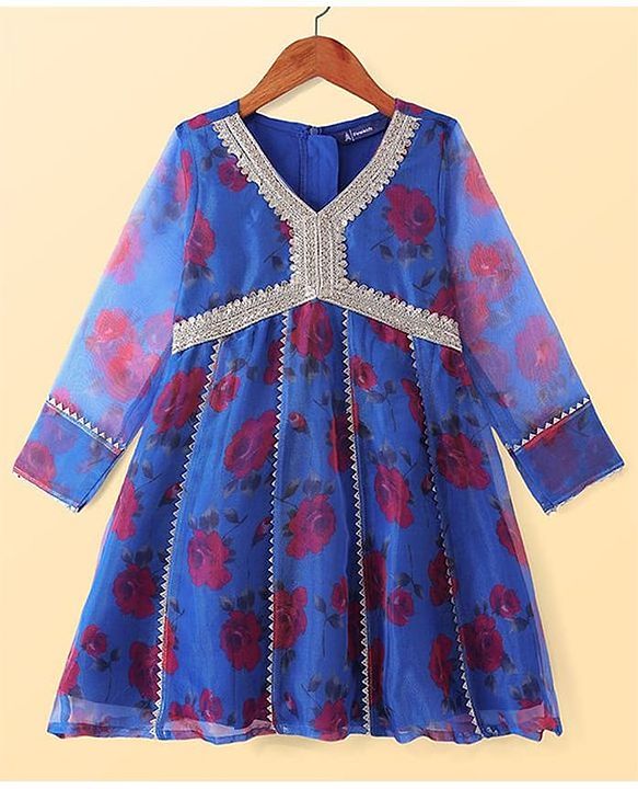 Pine Kids Woven Full Sleeves Floral Printed Kurta Palazzo Set with Dupatta & Lace Detailing - Royal Blue