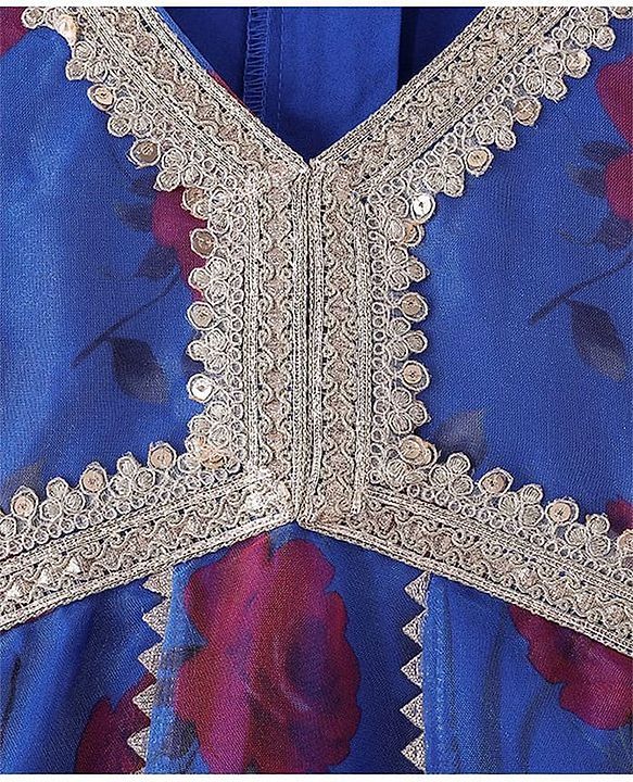 Pine Kids Woven Full Sleeves Floral Printed Kurta Palazzo Set with Dupatta & Lace Detailing - Royal Blue