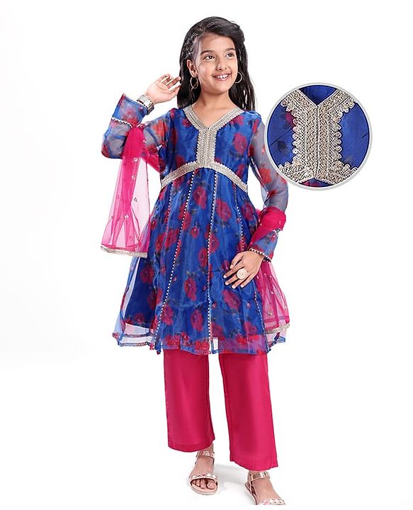 Pine Kids Woven Full Sleeves Floral Printed Kurta Palazzo Set with Dupatta & Lace Detailing - Royal Blue