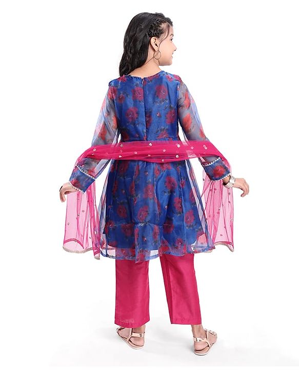 Pine Kids Woven Full Sleeves Floral Printed Kurta Palazzo Set with Dupatta & Lace Detailing - Royal Blue