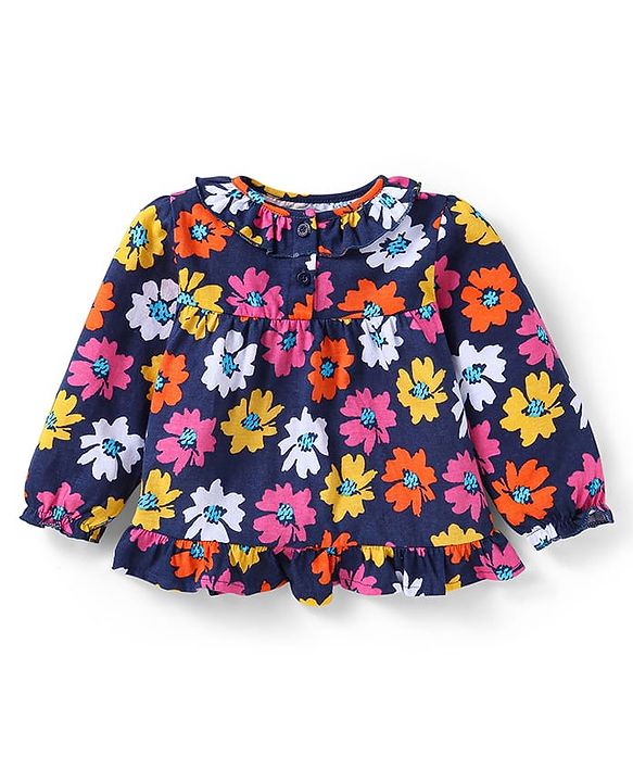 Babyhug Cotton Knit Full Peasant Sleeves Floral Printed Night Suit - Navy Blue