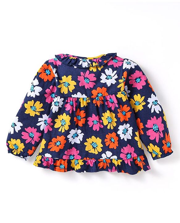 Babyhug Cotton Knit Full Peasant Sleeves Floral Printed Night Suit - Navy Blue