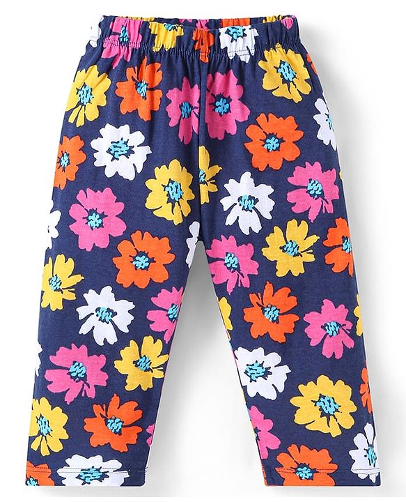 Babyhug Cotton Knit Full Peasant Sleeves Floral Printed Night Suit - Navy Blue