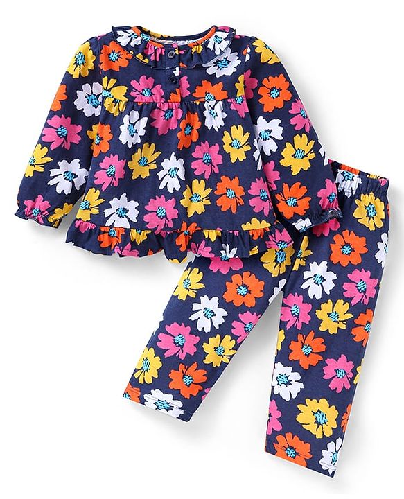 Babyhug Cotton Knit Full Peasant Sleeves Floral Printed Night Suit - Navy Blue
