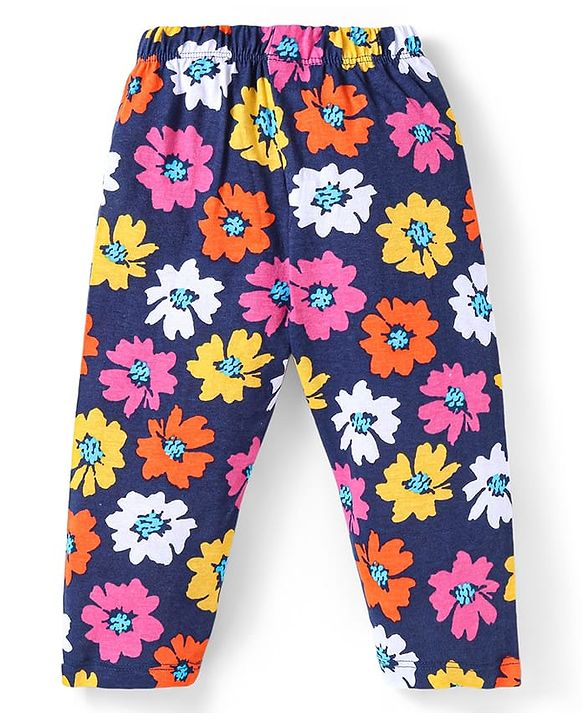 Babyhug Cotton Knit Full Peasant Sleeves Floral Printed Night Suit - Navy Blue