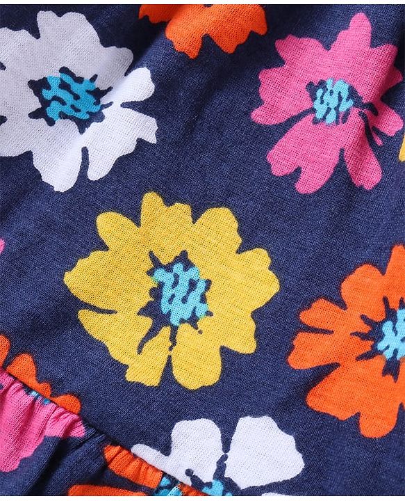 Babyhug Cotton Knit Full Peasant Sleeves Floral Printed Night Suit - Navy Blue