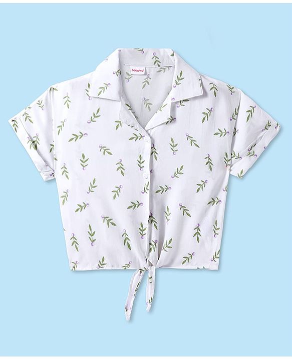 Babyhug 100% Cotton Woven Half Sleeves Collared Top with Leaves Print - White