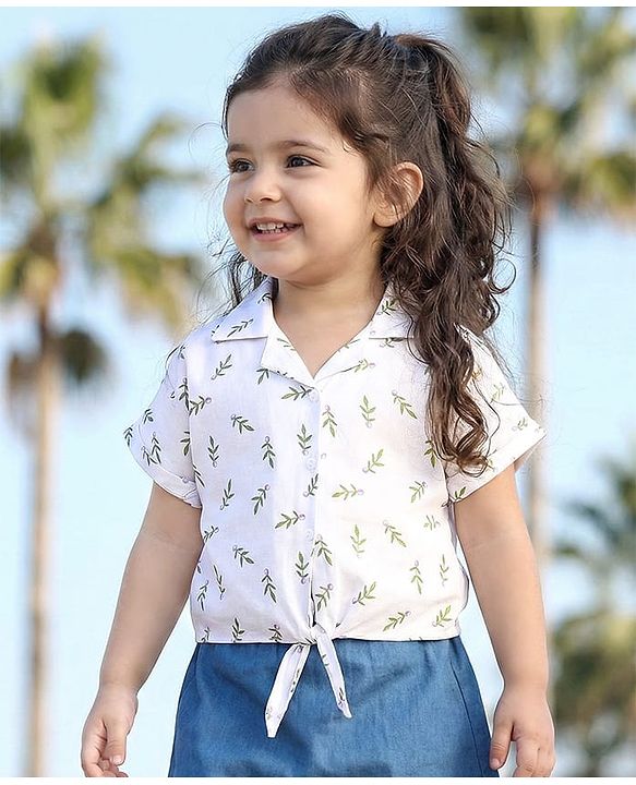Babyhug 100% Cotton Woven Half Sleeves Collared Top with Leaves Print - White