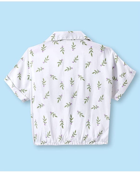 Babyhug 100% Cotton Woven Half Sleeves Collared Top with Leaves Print - White