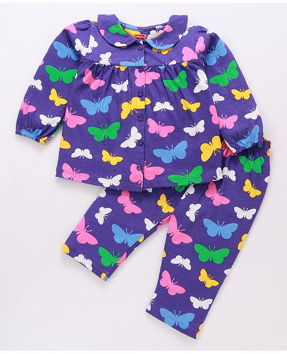 Babyhug Cotton Knit Full Peasant Sleeves Butterfly Printed Night Suit with Frill Detailing -Violet