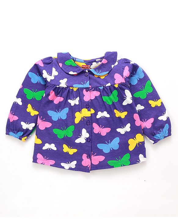 Babyhug Cotton Knit Full Peasant Sleeves Butterfly Printed Night Suit with Frill Detailing -Violet