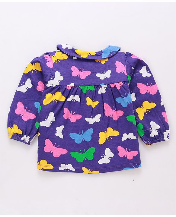 Babyhug Cotton Knit Full Peasant Sleeves Butterfly Printed Night Suit with Frill Detailing -Violet