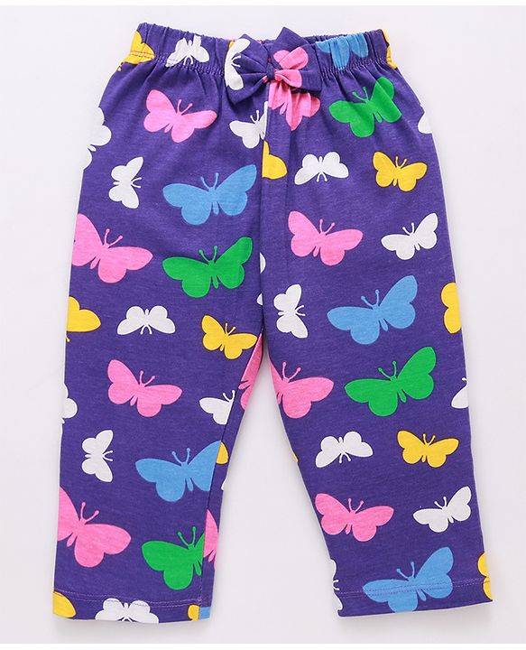 Babyhug Cotton Knit Full Peasant Sleeves Butterfly Printed Night Suit with Frill Detailing -Violet