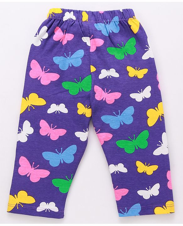 Babyhug Cotton Knit Full Peasant Sleeves Butterfly Printed Night Suit with Frill Detailing -Violet