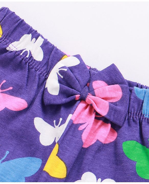 Babyhug Cotton Knit Full Peasant Sleeves Butterfly Printed Night Suit with Frill Detailing -Violet