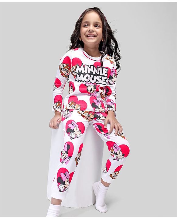 Babyhug Disney Single Jersey Knit Full Sleeves Night Suit with  Chip N Dale &  Minnie Mouse Print - White