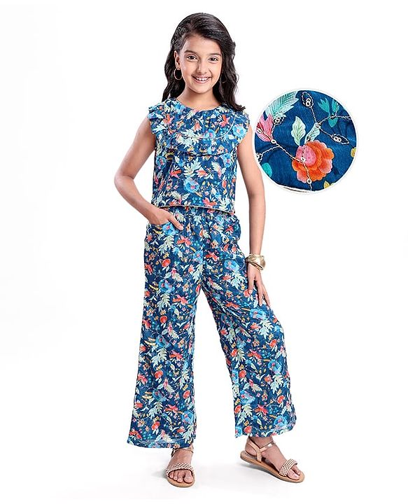 Pine Kids Woven Sleeveless Floral Sequin Embroidered Top & Palazo Set with Frill Detailing - Navy Blue
