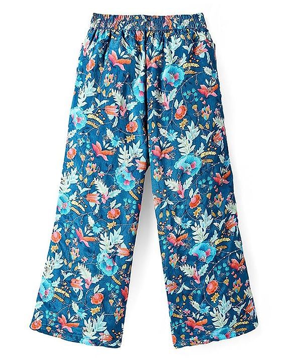 Pine Kids Woven Sleeveless Floral Sequin Embroidered Top & Palazo Set with Frill Detailing - Navy Blue