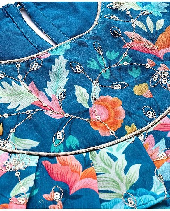 Pine Kids Woven Sleeveless Floral Sequin Embroidered Top & Palazo Set with Frill Detailing - Navy Blue