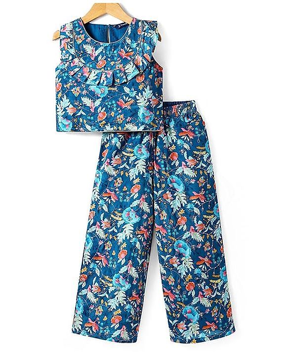 Pine Kids Woven Sleeveless Floral Sequin Embroidered Top & Palazo Set with Frill Detailing - Navy Blue
