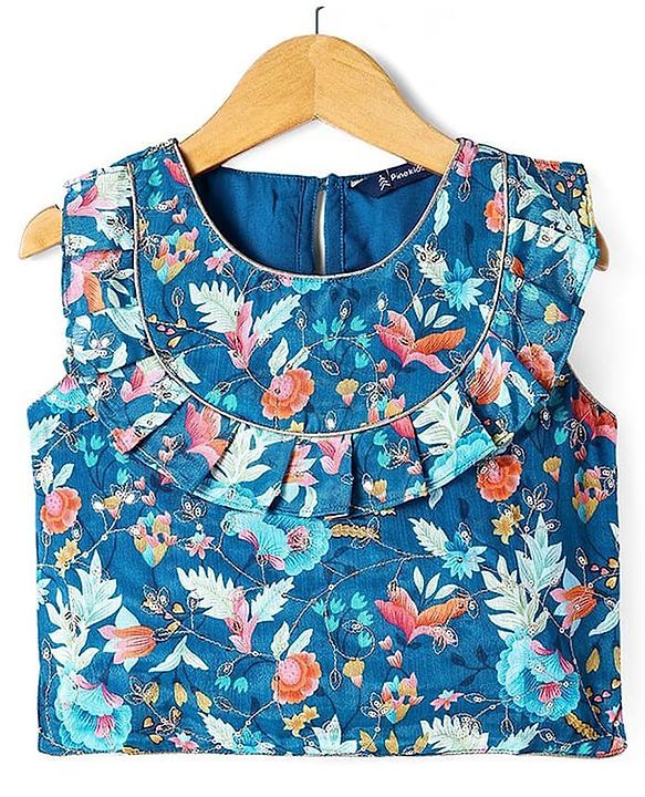 Pine Kids Woven Sleeveless Floral Sequin Embroidered Top & Palazo Set with Frill Detailing - Navy Blue