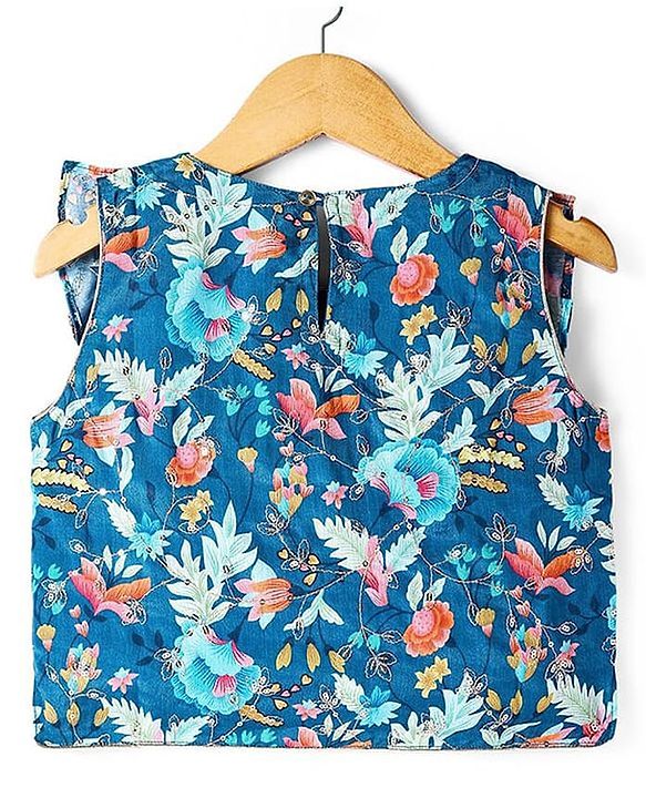 Pine Kids Woven Sleeveless Floral Sequin Embroidered Top & Palazo Set with Frill Detailing - Navy Blue