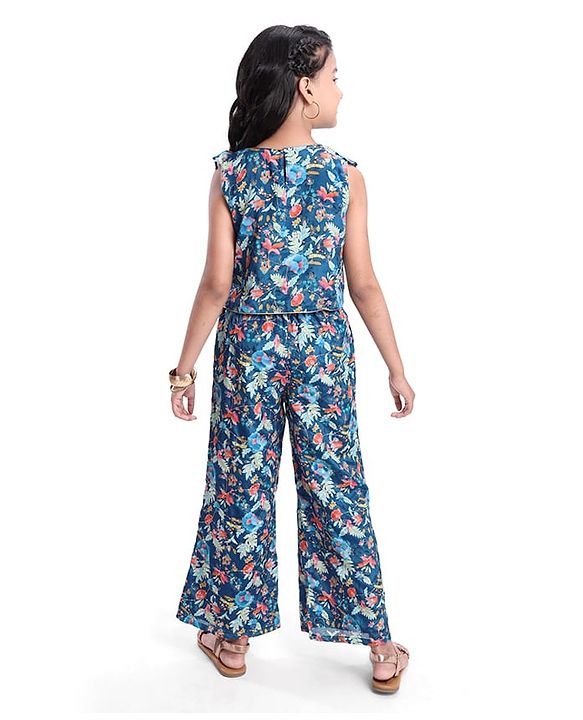 Pine Kids Woven Sleeveless Floral Sequin Embroidered Top & Palazo Set with Frill Detailing - Navy Blue