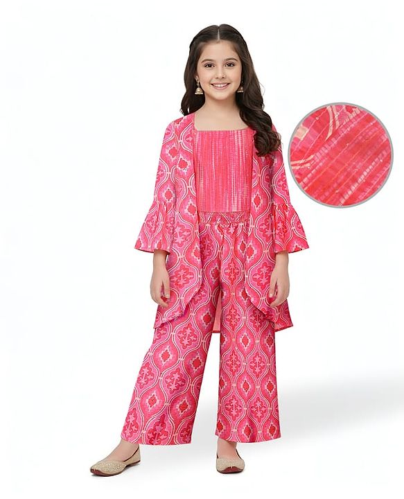 Pine Kids Woven Sequin Embroiderd Top & Palazzo Set with Three Fourth Sleeves Jacket - Dark Pink