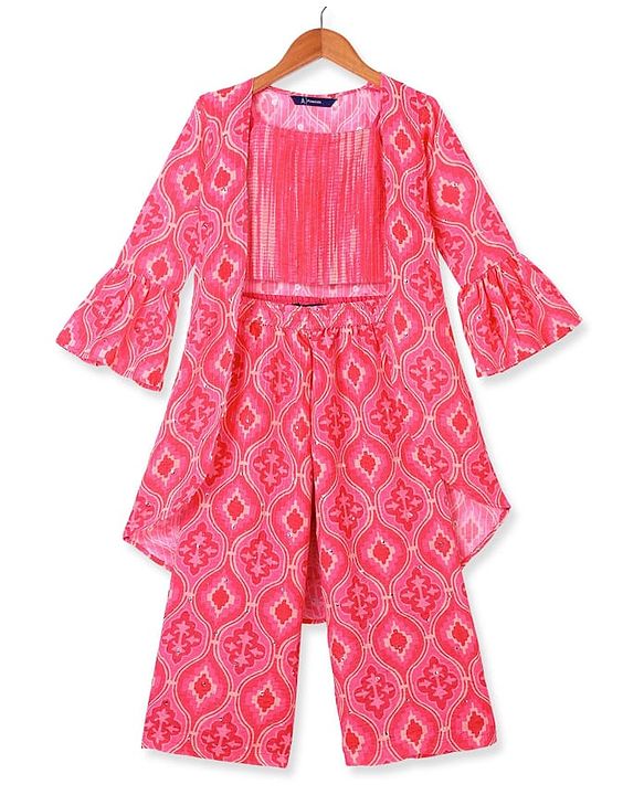 Pine Kids Woven Sequin Embroiderd Top & Palazzo Set with Three Fourth Sleeves Jacket - Dark Pink