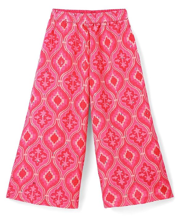 Pine Kids Woven Sequin Embroiderd Top & Palazzo Set with Three Fourth Sleeves Jacket - Dark Pink